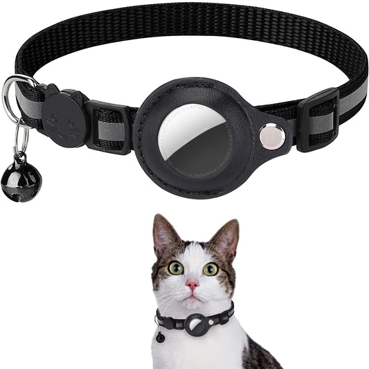 A black collar for cats with a reflective strip and a small bell, designed for tracking and safety.