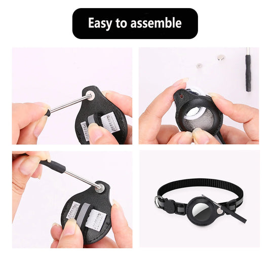 Four-step assembly instructions for a device, featuring hands using tools and the final assembled product with a strap.