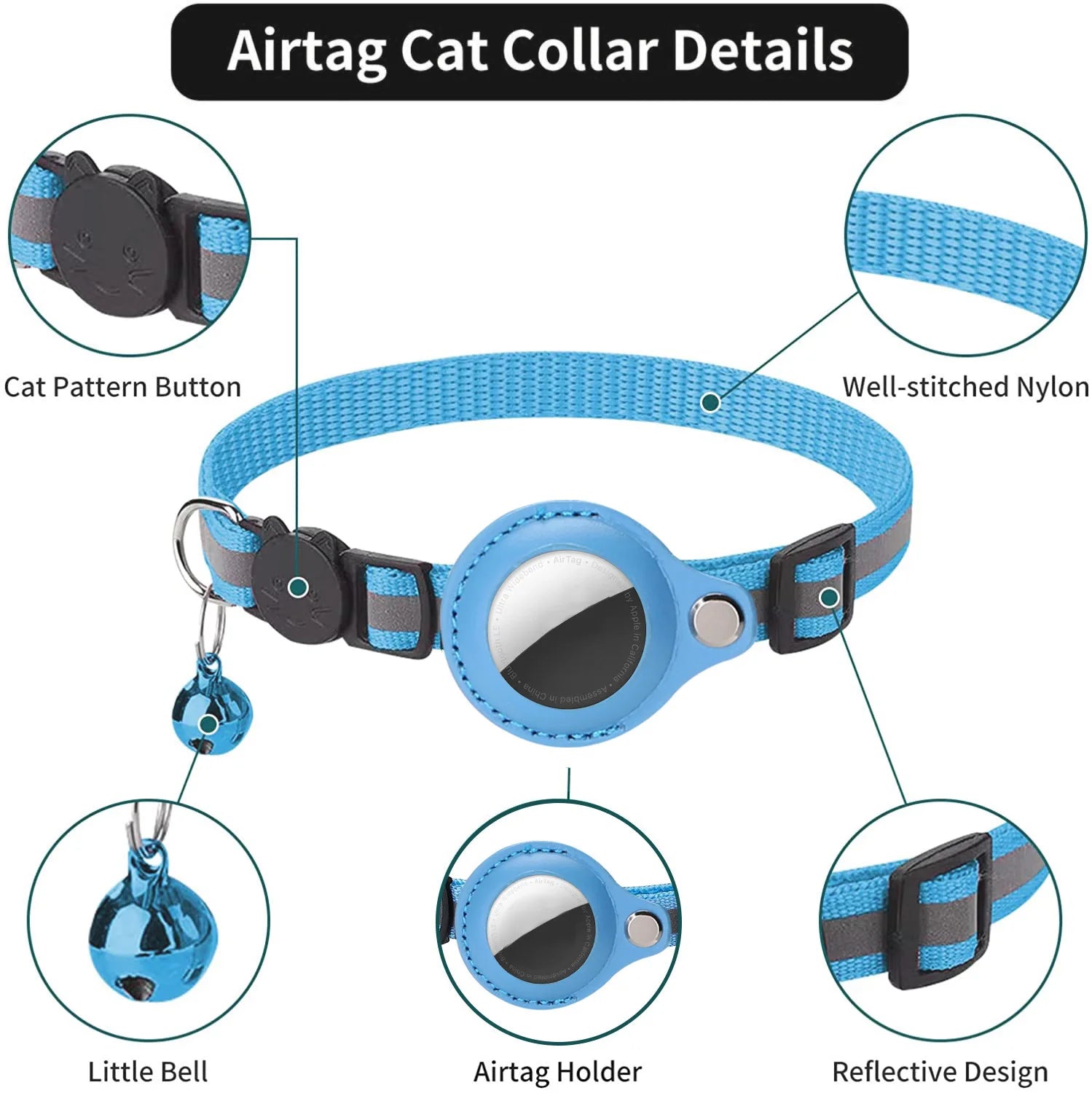 Blue nylon collar for cats featuring an AirTag holder, little bell, cat button, and reflective design for safety.