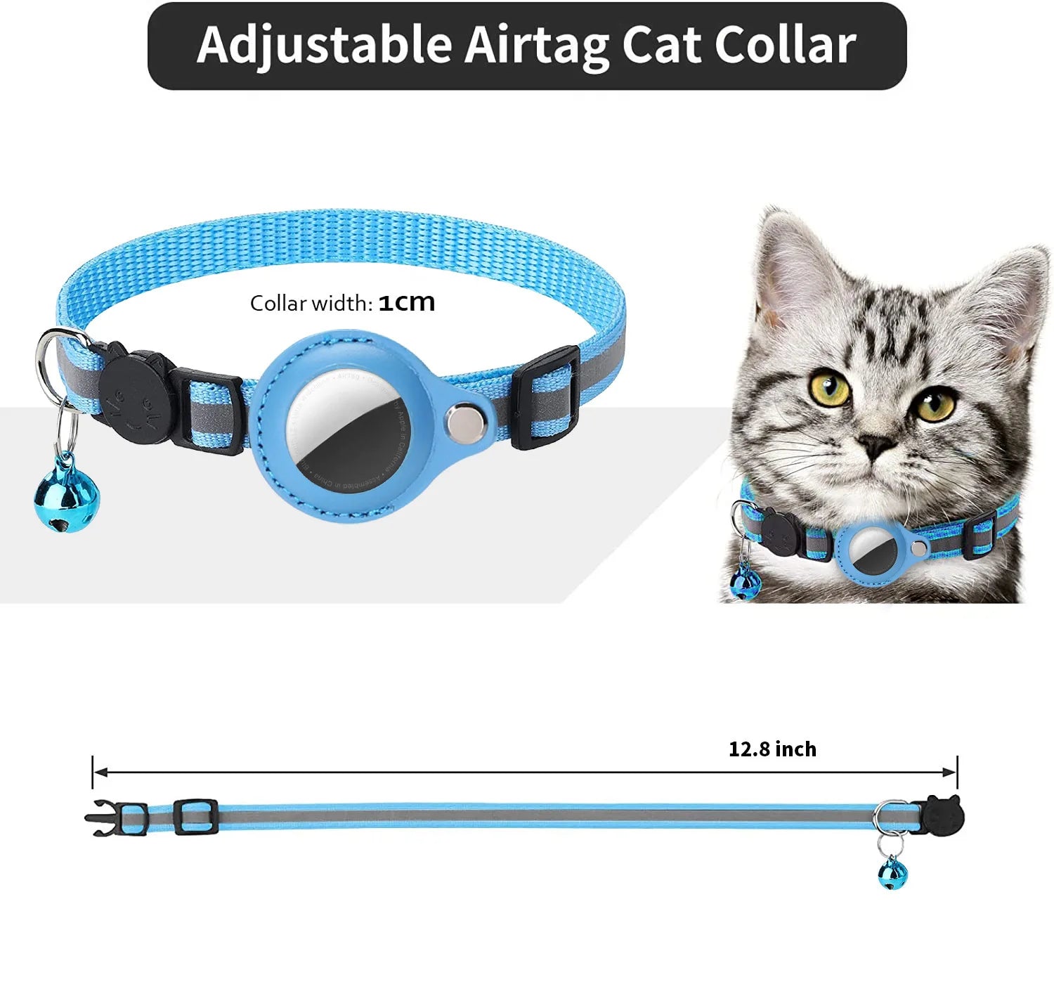 Blue adjustable collar with Airtag holder, bell, and black buckle; a cat wearing it. Width 1 cm, length 12.8 inches.