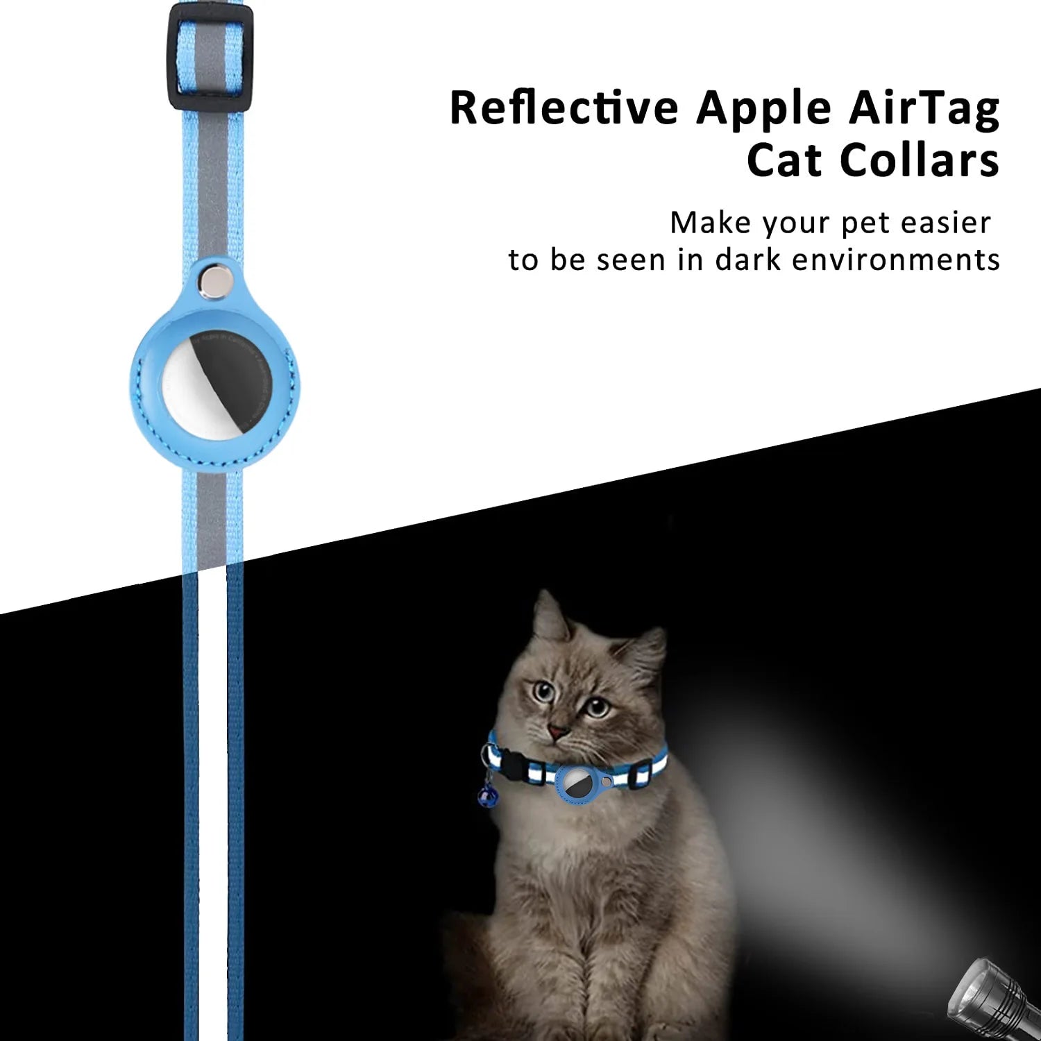 A blue reflective collar with an Apple AirTag holder glows in a dark environment, enhancing pet visibility.