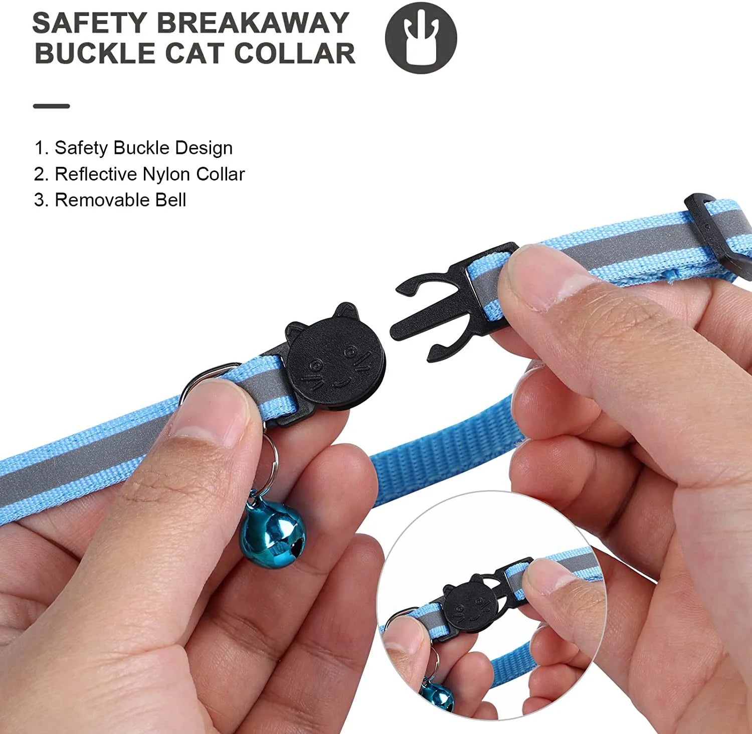 Close-up of a hands fastening a blue reflective safety breakaway collar for cats with a removable bell and a cat-shaped buckle.