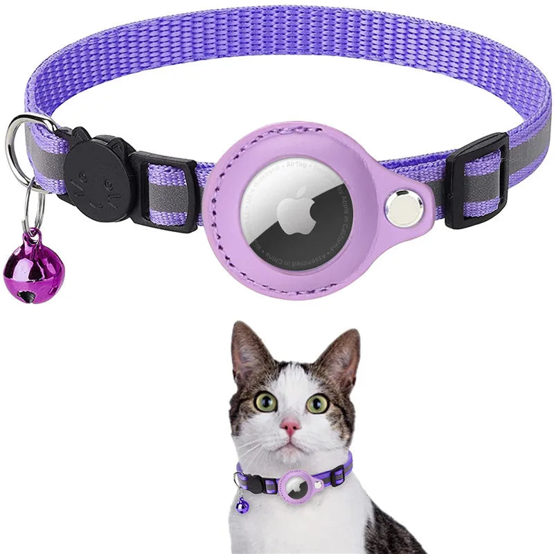A purple collar for cats with a reflective strip and a small bell, designed for tracking and safety.