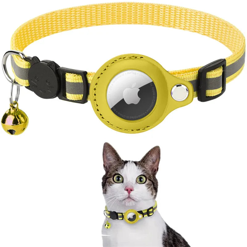 A yellow collar for cats with a reflective strip and a small bell, designed for tracking and safety.