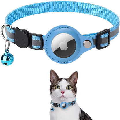 A blue collar for cats with a reflective strip and a small bell, designed for tracking and safety.