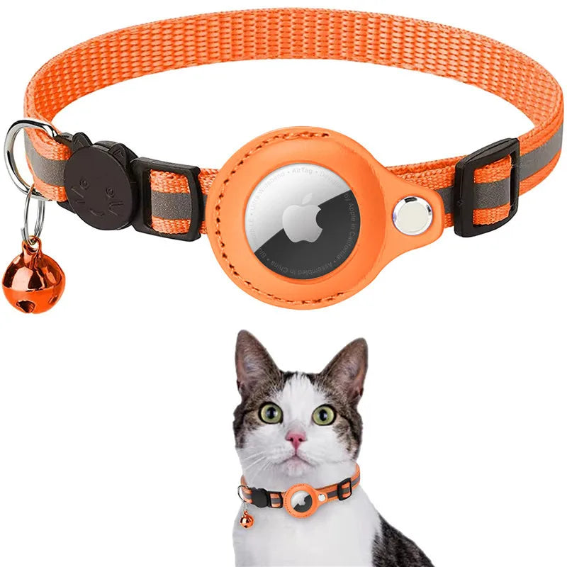 A orange collar for cats with a reflective strip and a small bell, designed for tracking and safety.
