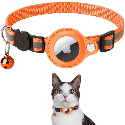 A orange collar for cats with a reflective strip and a small bell, designed for tracking and safety.