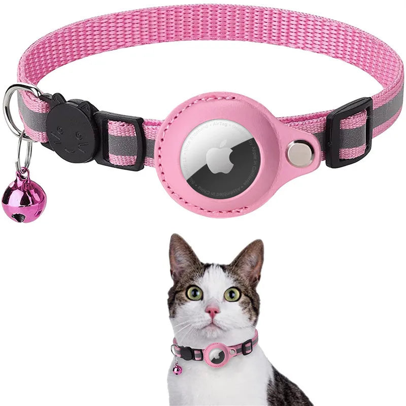 A pink collar for cats with a reflective strip and a small bell, designed for tracking and safety.