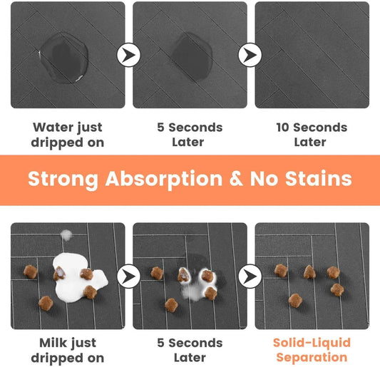 Image illustrating strong liquid absorption of water and milk on a surface, showing rapid absorption and no staining after a few seconds.