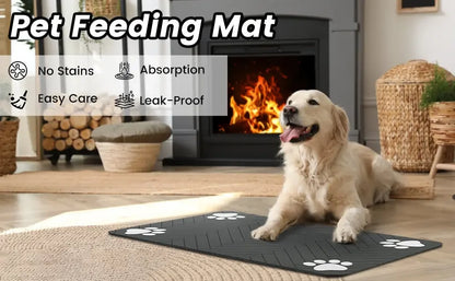 A dog sits on a black pet feeding mat with paw prints. Features include stain resistance, absorption, and easy care.