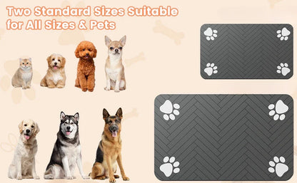 A variety of pets, including cats and dogs, sit alongside two colorful pet mats with paw prints, highlighting their suitability for all sizes.