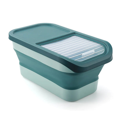 A teal and light blue rectangular food storage container with a slotted lid, designed for easy access and organization.