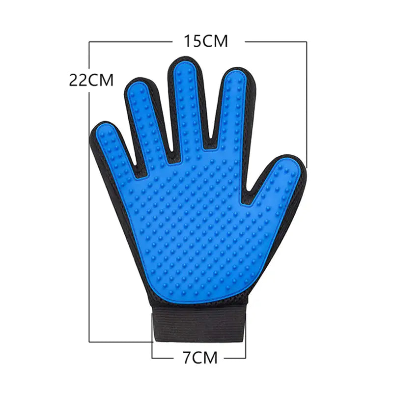 Blue silicone pet grooming glove with textured surface, measuring 22cm by 15cm, featuring a black wristband for secure fit.