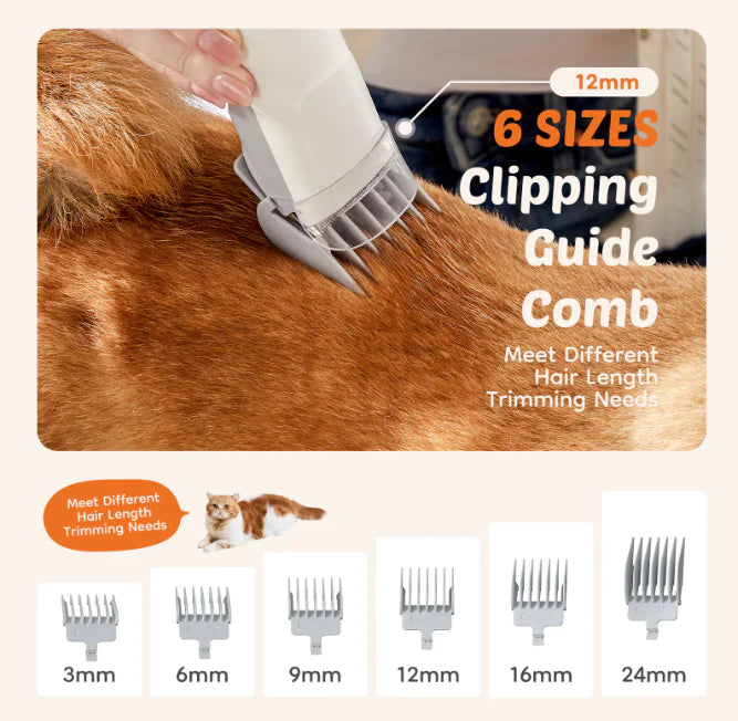 A hand using a clipping guide comb on a cat's fur, showcasing six sizes for various hair lengths, with a 12mm attachment highlighted.
