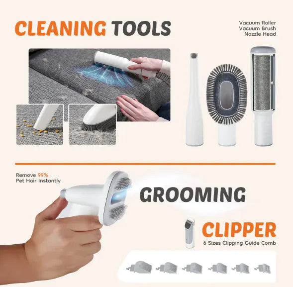 Image of cleaning and grooming tools, including a vacuum roller, brush, nozzle head, and clippers with guide combs for pet care.