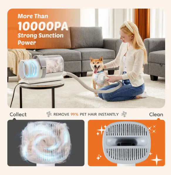 A woman uses a powerful pet hair remover on a dog, showcasing its strong suction capabilities and hair collection efficiency.