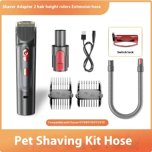 Pet shaving kit with a shaver, adapter, extension hose, USB cable, and two adjustable hair height attachments, compatible with Dyson models.