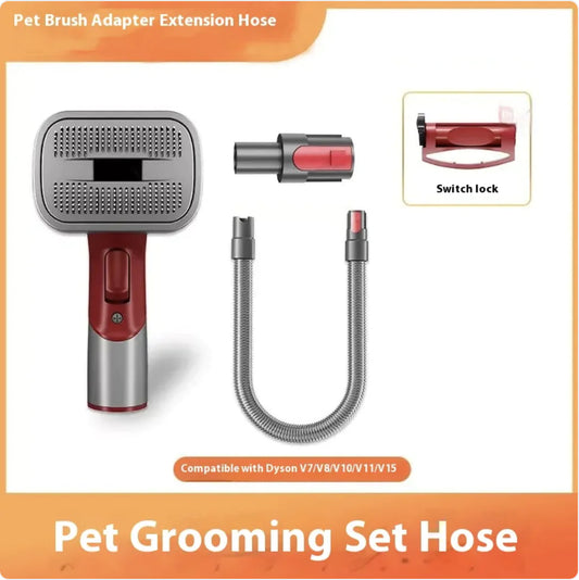 Image of a pet grooming set including a brush adapter, extension hose, and switch lock, compatible with various Dyson models.