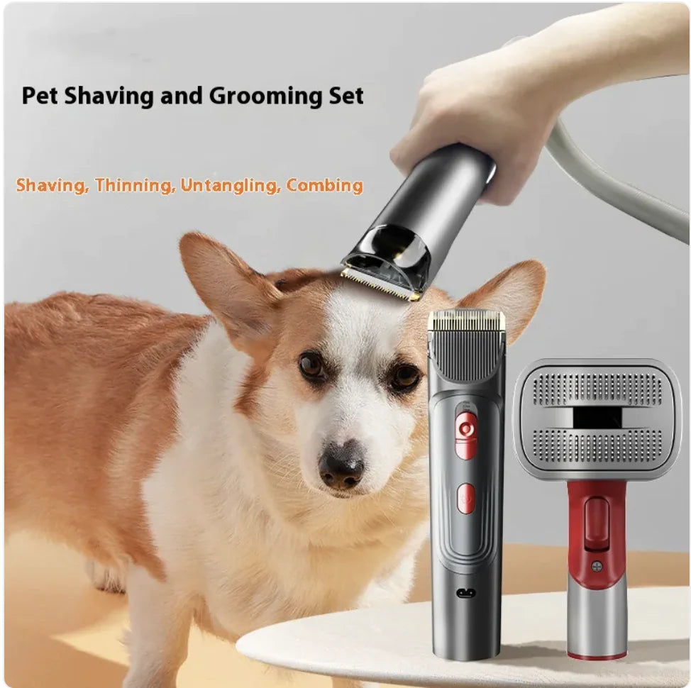 A hand uses a pet grooming tool on a Corgi, showcasing a pet grooming set for shaving, thinning, and combing.
