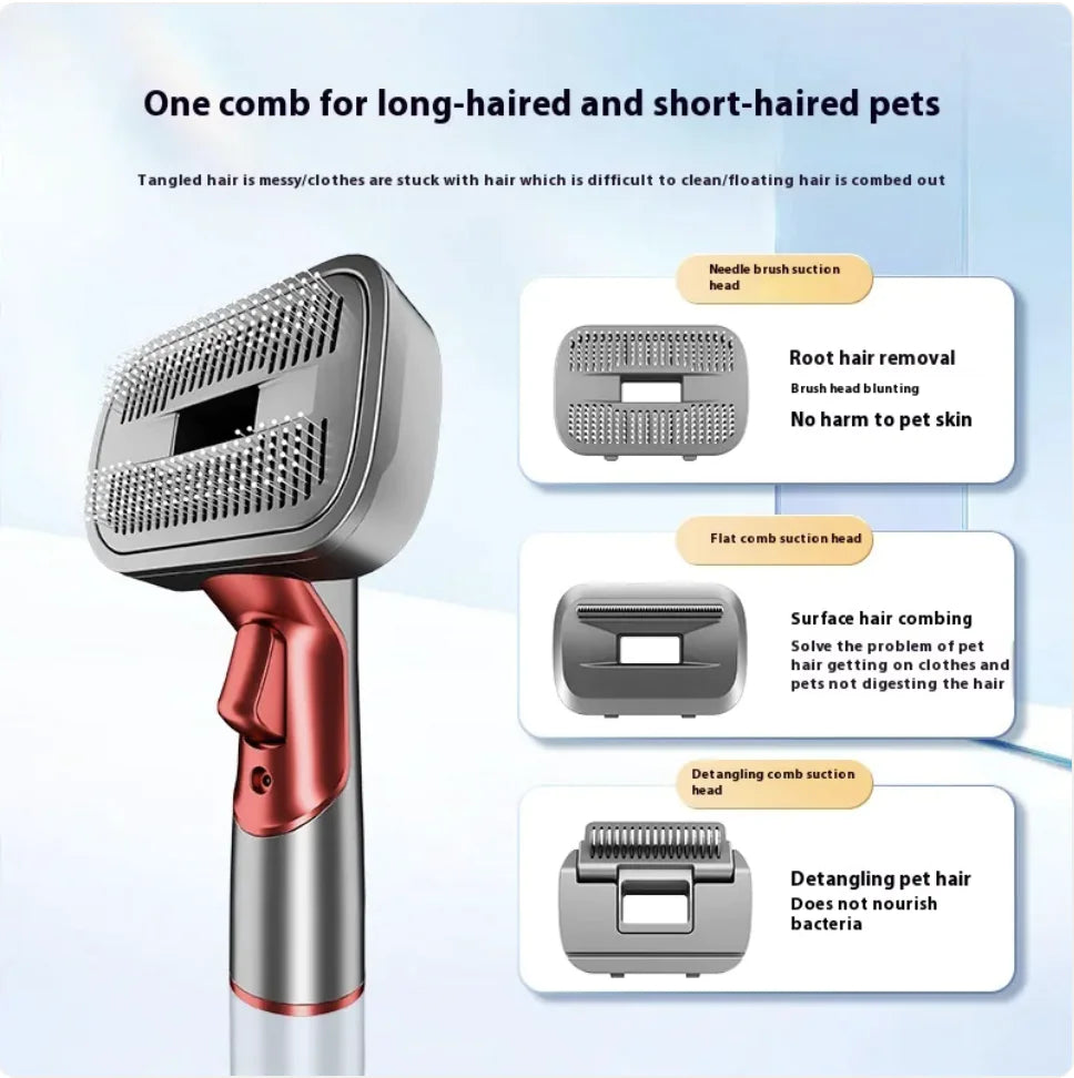 Image of a multi-functional pet grooming comb with suction heads for effective hair removal, detangling, and skin safety for pets.