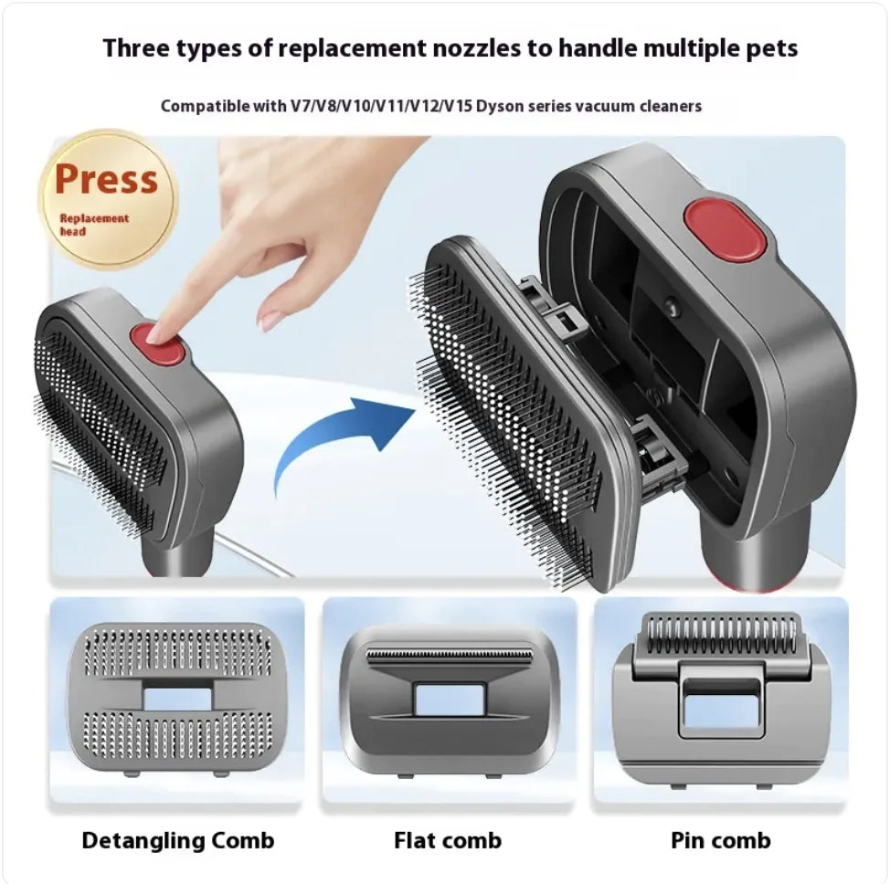 Image shows a hand pressing a button on a Dyson vacuum nozzle, alongside three interchangeable comb types for pet grooming.