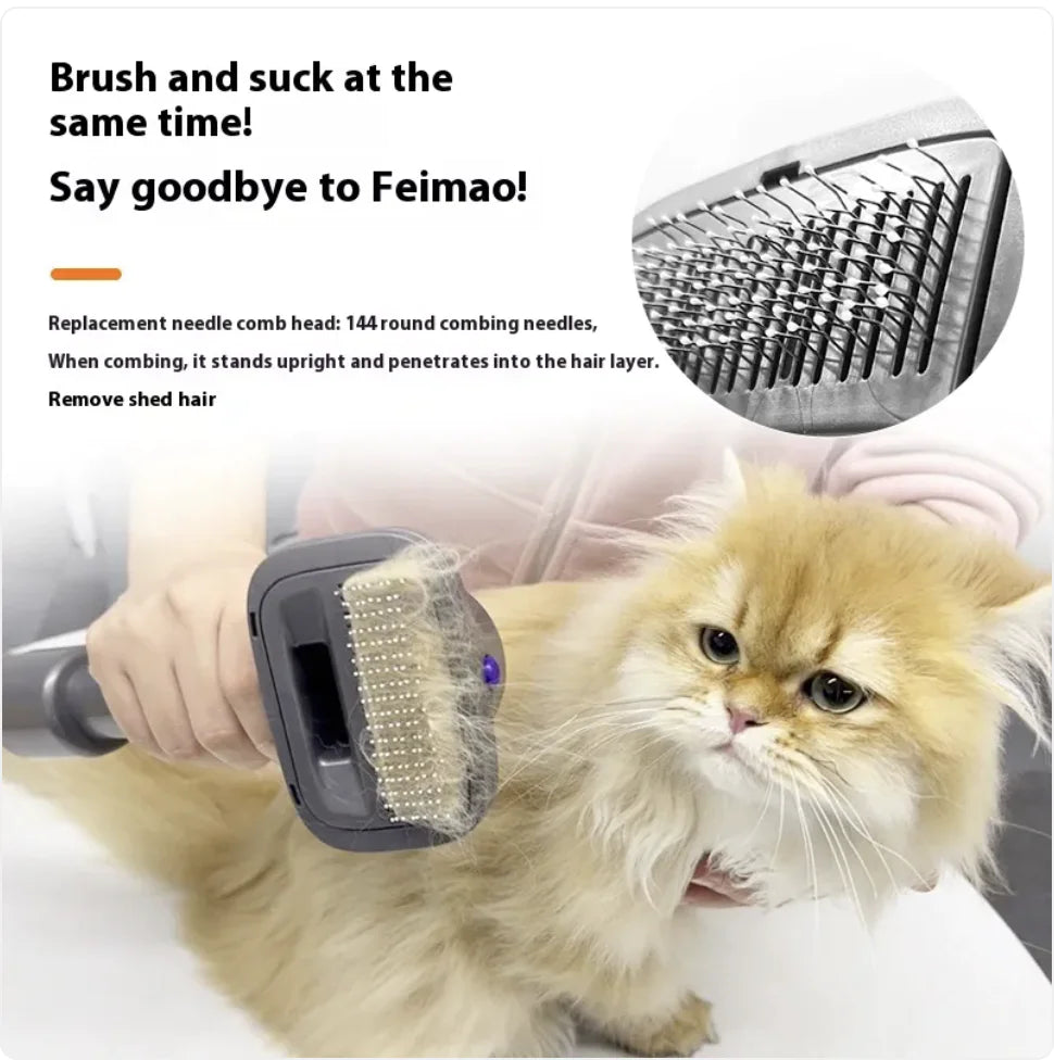 A person uses a dual-action grooming tool on a fluffy cat, demonstrating a combing and vacuuming process to remove shed hair.