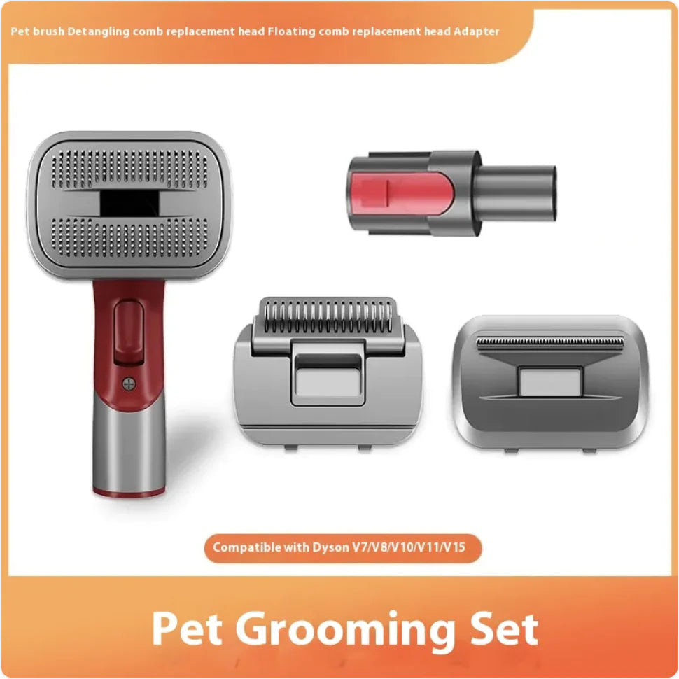 Pet grooming set featuring a brush, detangling comb, floating comb head, and an adapter, compatible with Dyson V series vacuum models.