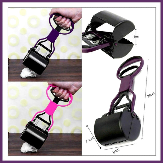 A user holds a colorful hand shovel for cleaning, with measurements displayed on the side and detailed design features visible.
