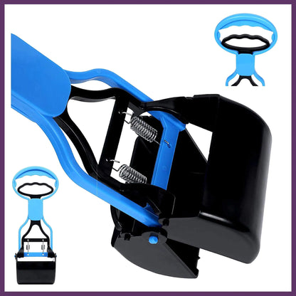 A blue and black waste scoop tool with a spring mechanism, designed for easy picking up of trash or pet waste.
