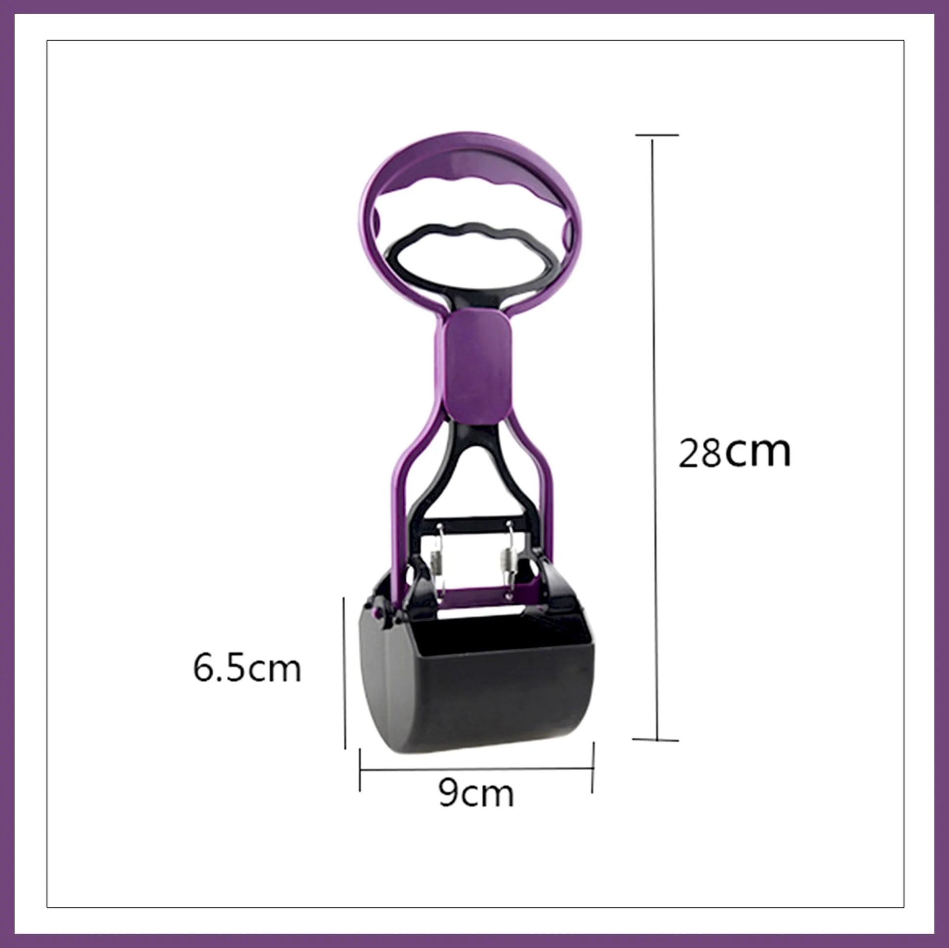 A purple and black portable scoop with dimensions: height 28cm, width 9cm, depth 6.5cm, featuring a comfortable handle.