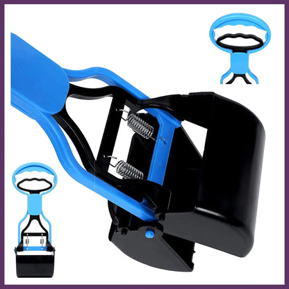 A blue and black waste scoop tool with a spring mechanism, designed for easy picking up of trash or pet waste.