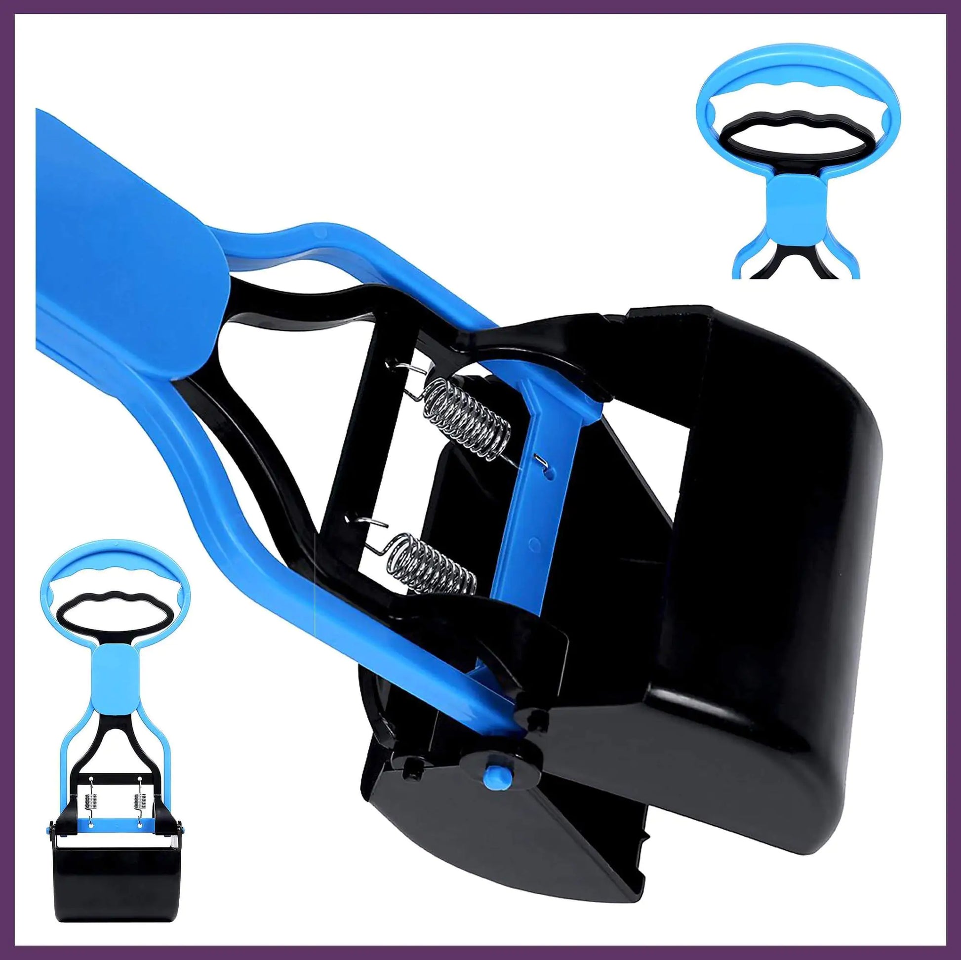 A blue and black waste scoop tool with a spring mechanism, designed for easy picking up of trash or pet waste.