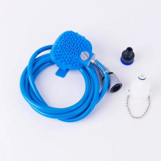 A blue hose attachment featuring a textured grip, metallic connector, and two additional fittings, designed for water access or transfer.
