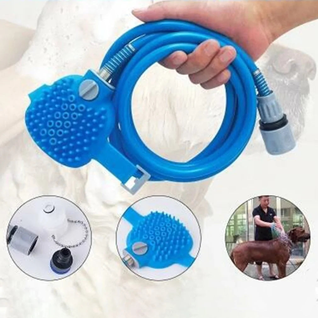 A person holds a blue pet shower attachment with a hose, designed for bathing dogs easily and effectively.