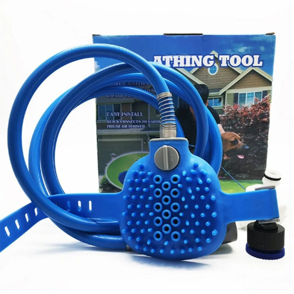 Blue pet bathing tool with a textured head and hose, displayed in front of its packaging for easy installation and use.