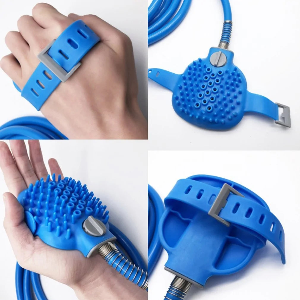 A blue handheld shower tool with a textured surface and adjustable strap, designed for easy cleaning or bathing.