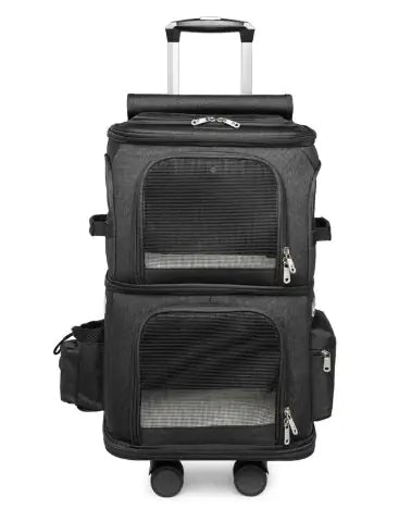 Stylish black wheeled pet carrier with mesh windows, dual compartments, and a side pocket, perfect for travel with pets.