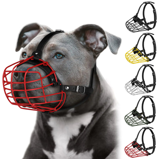 A close-up of a gray dog wearing a red muzzle, with a black strap, alongside various colored muzzles displayed on the right.
