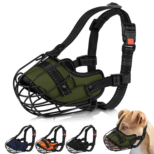 A sturdy dog muzzle featuring a black wire cage and olive green padding, with adjustable straps, shown in multiple color options.