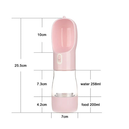 A pink portable pet water bottle with a scoop, measuring 25.5 cm tall, holds 258 ml of water and 200 ml of food.