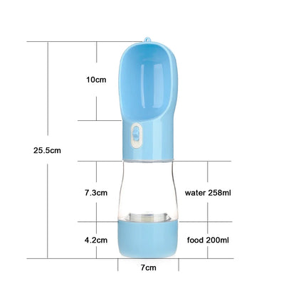 A blue portable pet water bottle with a scoop, measuring 25.5 cm tall, holds 258 ml of water and 200 ml of food.