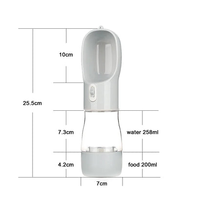 A light gray portable pet water bottle with a scoop, measuring 25.5 cm tall, holds 258 ml of water and 200 ml of food.