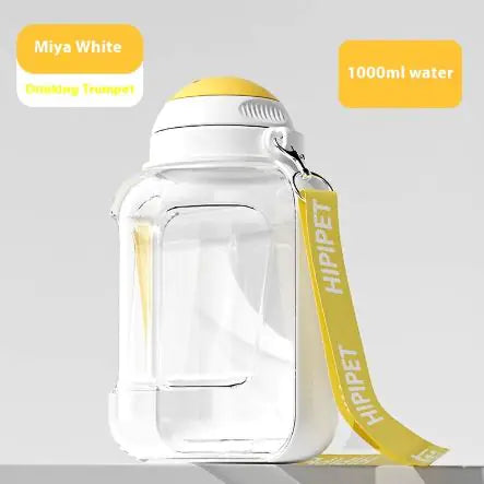 Clear water bottle with a yellow lid and strap, labeled "Miya White" and "1000ml water," designed for pets.