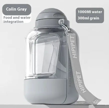 A sleek gray portable pet container with sections for 1000ml water and 300ml grain, featuring a handle and modern design.