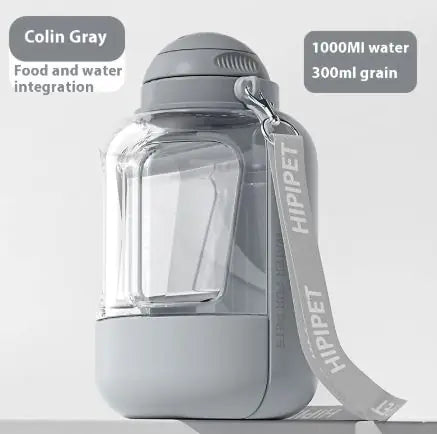 A sleek gray portable pet container with sections for 1000ml water and 300ml grain, featuring a handle and modern design.