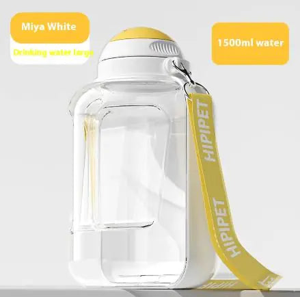Clear water bottle with a yellow lid and strap, labeled "Miya White" and "1500ml water," designed for large hydration needs.
