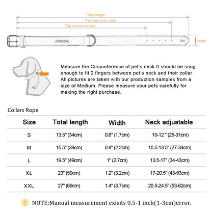 Size chart for pet collars detailing dimensions, adjustable neck sizes, and measurement instructions for accurate fit.