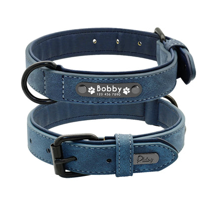 Blue pet collar with a tag featuring stylish stitching and a durable buckle.