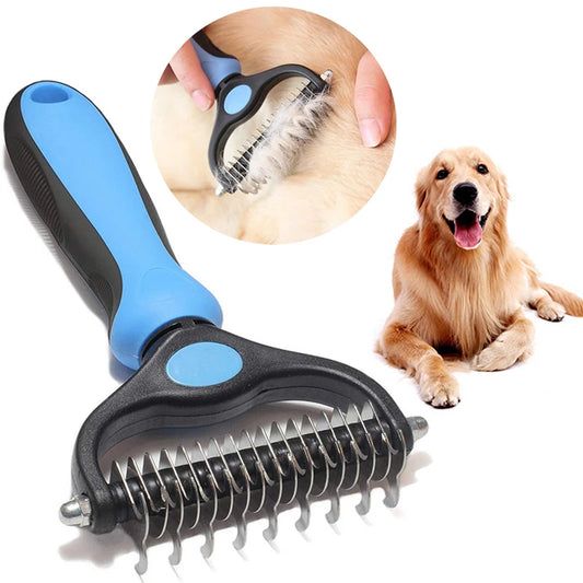 A pet grooming tool with a blue handle next to a photo of a dog.