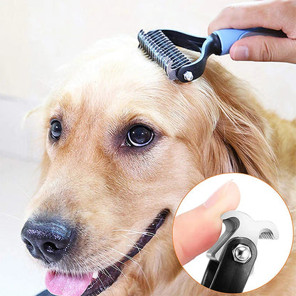 A dog being groomed with a grooming tool, with a close-up on the grooming tool handle.